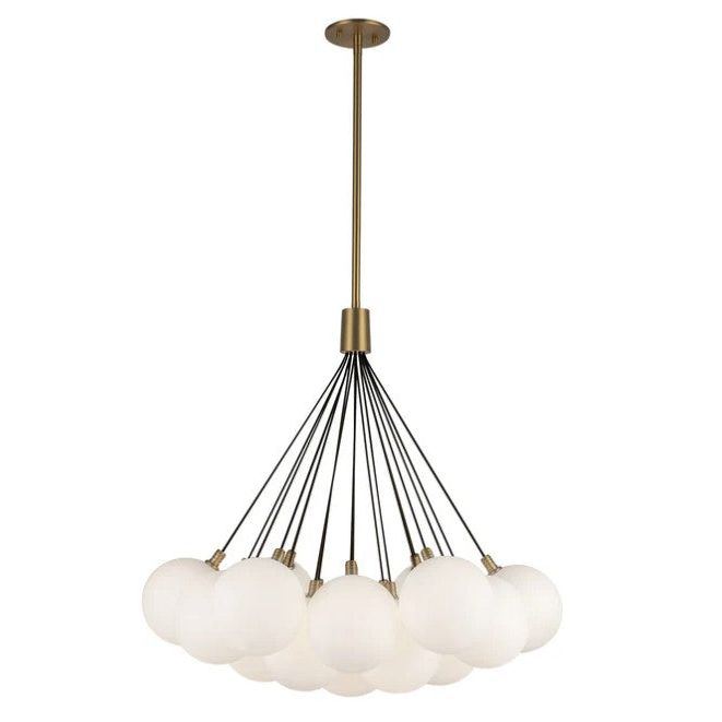 Chandelier with white glass shades and gold metal accents on a white background