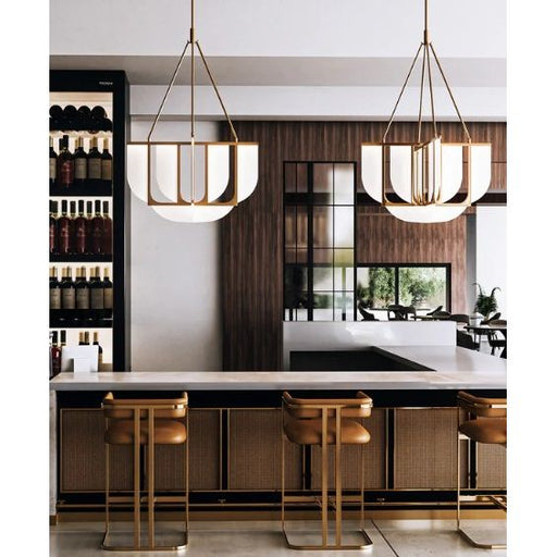 Modern kitchen with pendant lights, bar stools, and a wine rack.