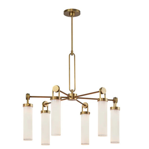 A vintage brass and glossy opal glass chandelier with six light fixtures.
