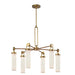 A vintage brass and glossy opal glass chandelier with six light fixtures.