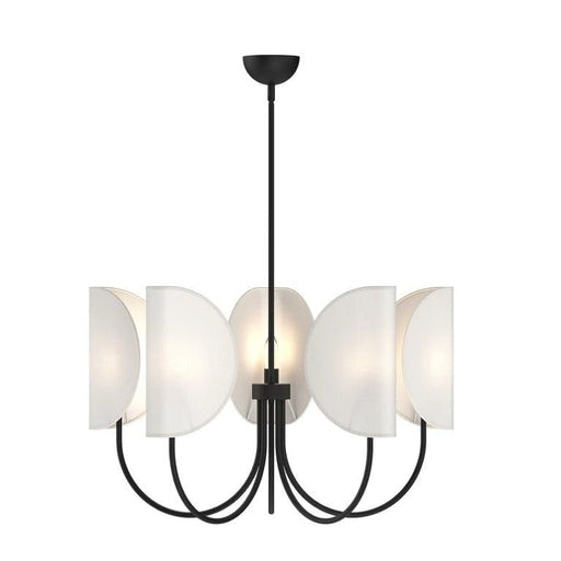 Modern chandelier with white cotton shades and black metal frame on a white background