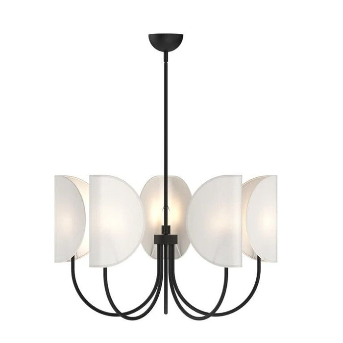 Modern chandelier with white cotton shades and black metal frame on a white background