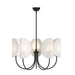 Modern chandelier with white cotton shades and black metal frame on a white background