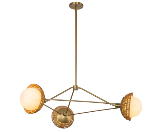 3 Matte Opal Glass globes on brushed gold metal arms with Rattan shades