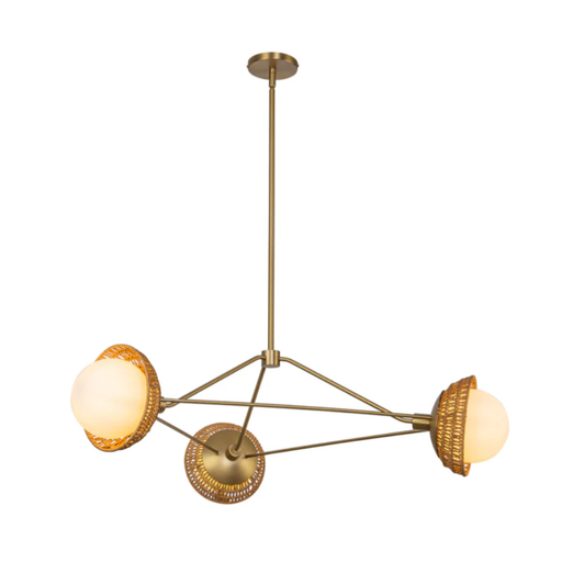 3 Matte Opal Glass globes on brushed gold metal arms with Rattan shades