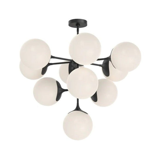 Modern chandelier with white glass shades and black metal frame on a white background