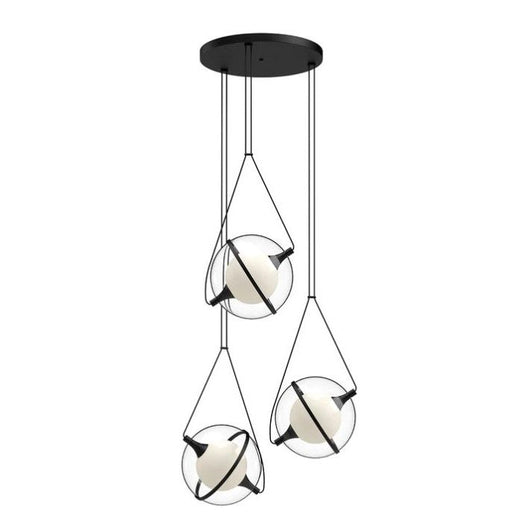Modern pendant light with three glass shades on a white background
