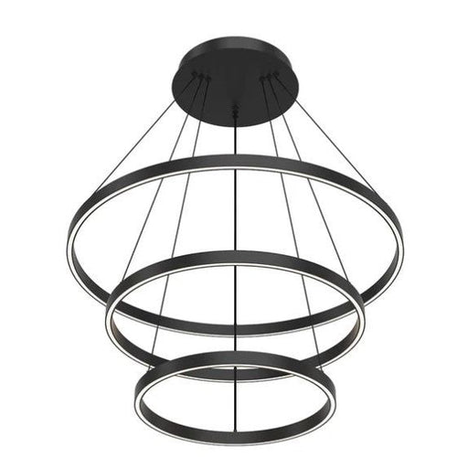 Modern black pendant light with three circular designs on a white background