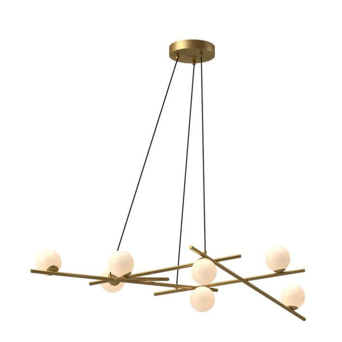 Modern chandelier with gold branches and white spherical lights on a white background