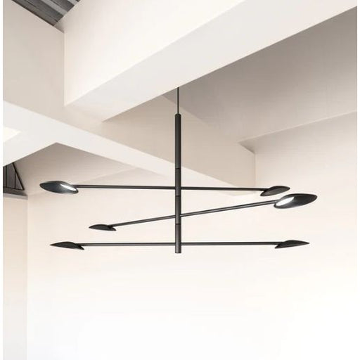 Modern black chandelier hanging from a ceiling