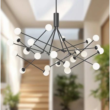 grand 58" modern LED chandelier featuring a sleek black finish, integrated 3000K LEDs, and a stunning architectural ring design