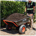 Tomahawk Power CKART300e heavy-duty electric wheelbarrow showing bucket, wheels, and controls