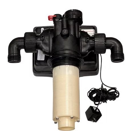 Pump with black housing and white cylindrical component on a white background