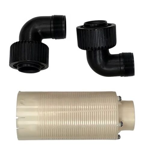 Two black plumbing elbow connectors and a beige filter on a white background
