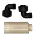 Two black plumbing elbow connectors and a beige filter on a white background