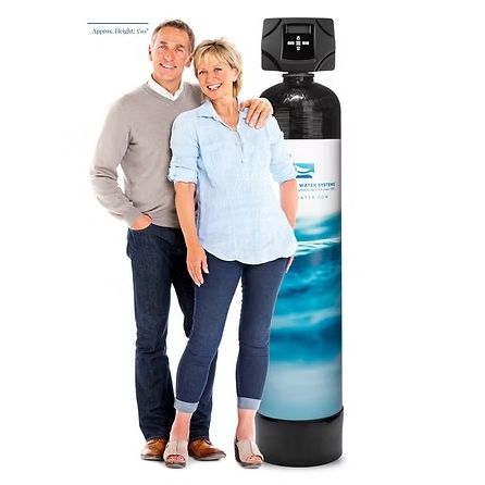 Man and woman standing next to a water filtration system on a white background