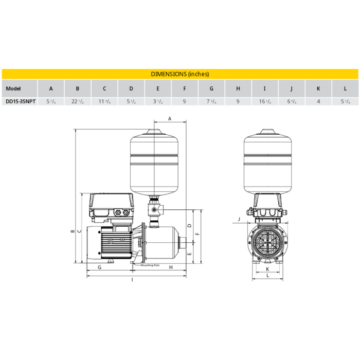 Technical drawing of DD15 with labeled dimensions on a white background
