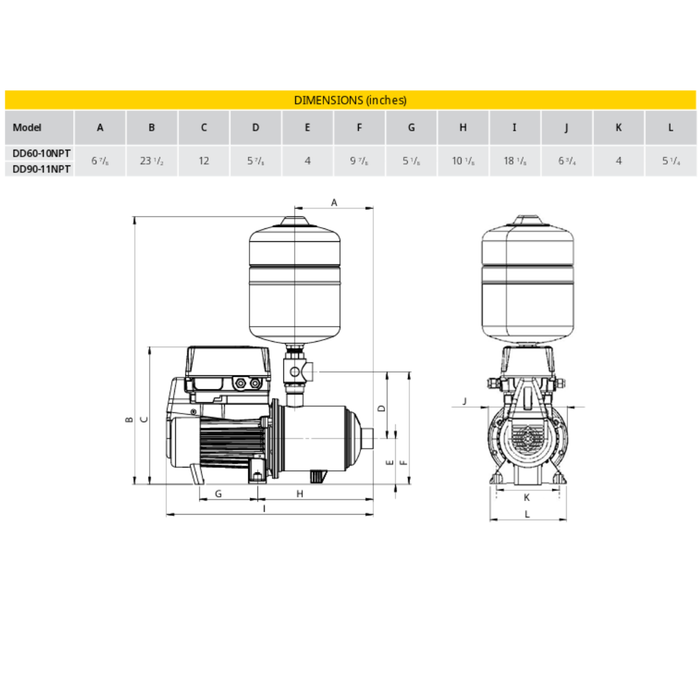 Technical drawing of a pump with dimensions labeled