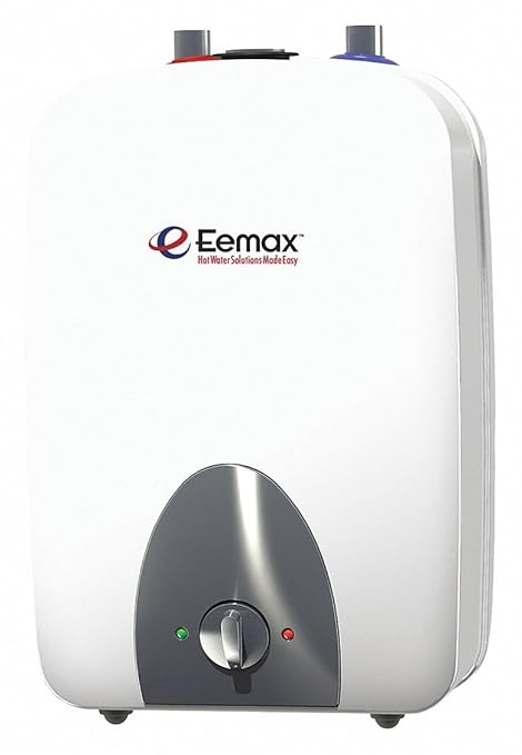 A white Eemax electric water heater with a dark gray control panel and top connection ports, shown on a plain white background.