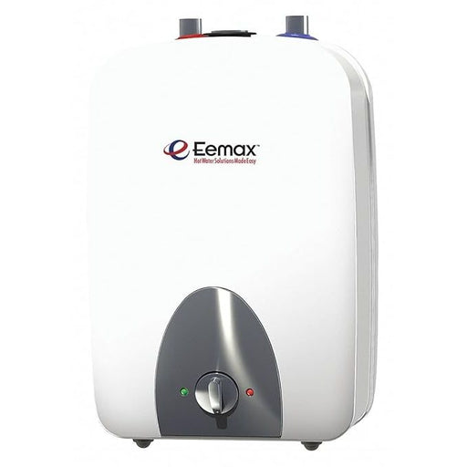 A white Eemax electric water heater with a dark gray control panel and top connection ports, shown on a plain white background.