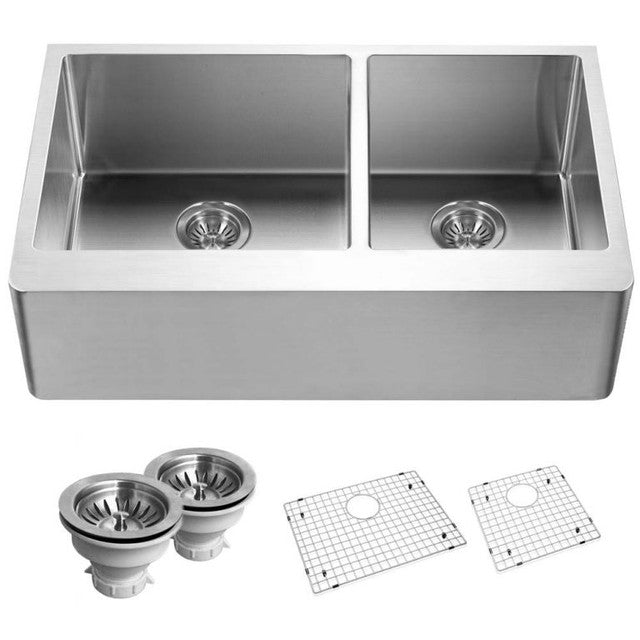 Houzer Epicure Series 33" Apron-Front 60/40 Double Bowl Kitchen Sink, Small Right Bowl  includes Strainer