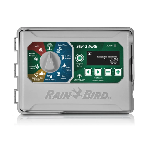 Rain Bird irrigation controller with digital display on a white background