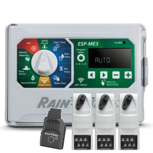 Rain Bird irrigation controller with 3 6 zone modules and lnk wifi on white background