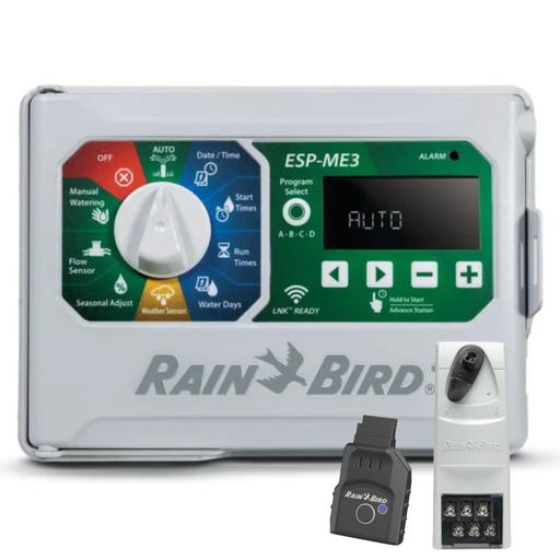 Rain Bird irrigation controller with lnk and module on a white background