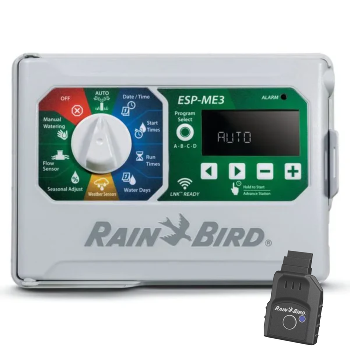 Rain Bird ESP-ME3 irrigation controller with a wifi module on a white background