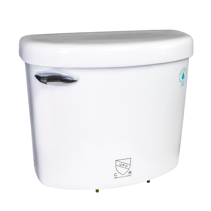 White toilet tank with visible branding on a white background
