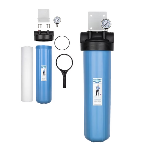 Blue Heater Guard water filter and wrench on a white background