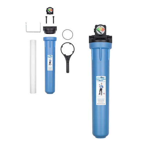 Blue water filter system with filter and wrench on a white background