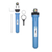 Blue water filter system with filter and wrench on a white background