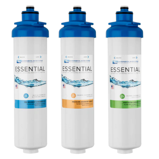 Three 'Essential' brand water filters on a white background