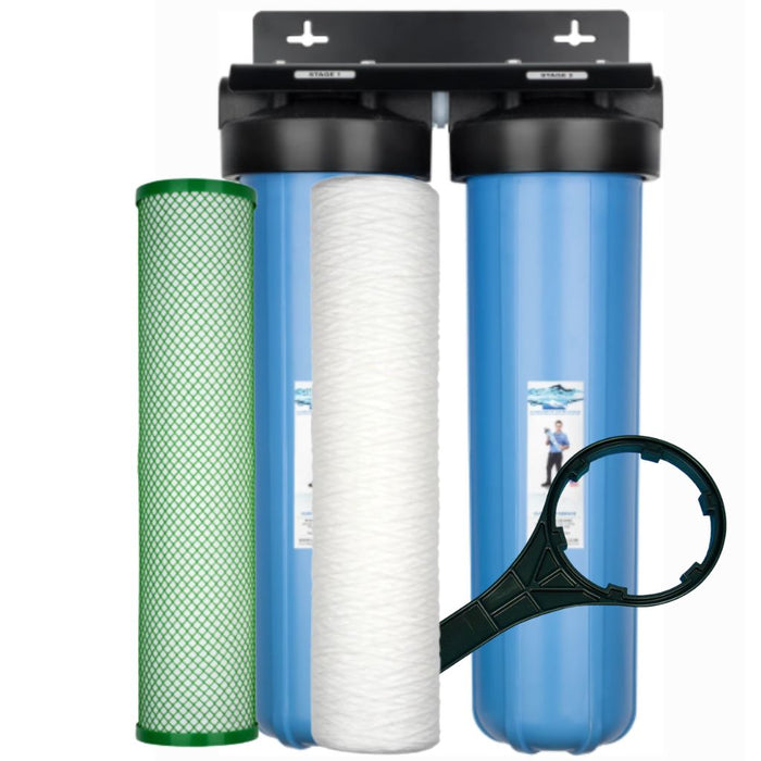 Blue water filter system with two cylindrical filters on a white background