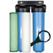 Blue water filter system with two cylindrical filters on a white background