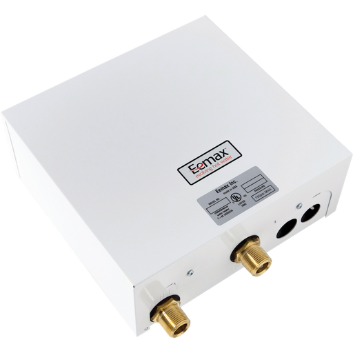 A white Ecmax water heater tank with brass connection fittings on the bottom corners and a silver specification label on the top surface, shown on a plain white background.