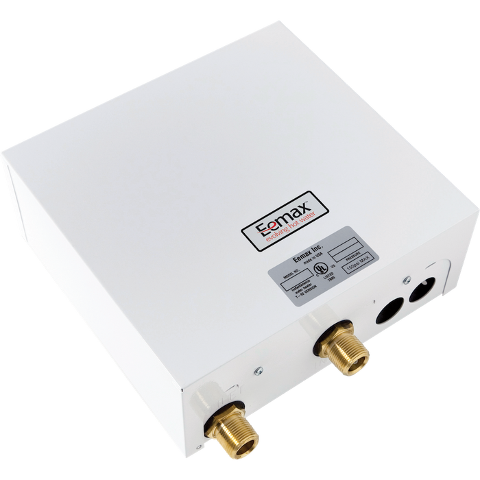 A white Ecmax water heater tank with brass connection fittings on the bottom corners and a silver specification label on the top surface, shown on a plain white background.