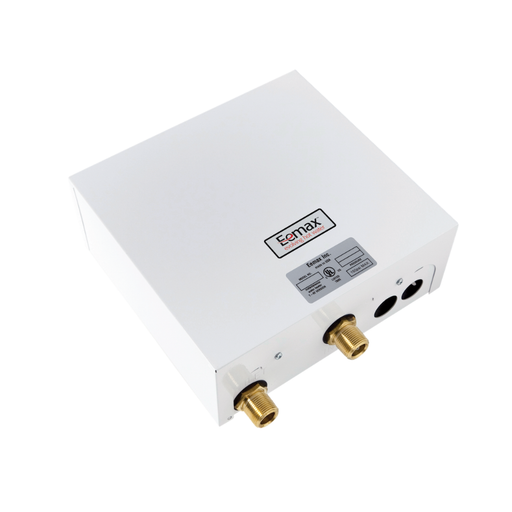 White electronic water heater with brass connectors on a white background