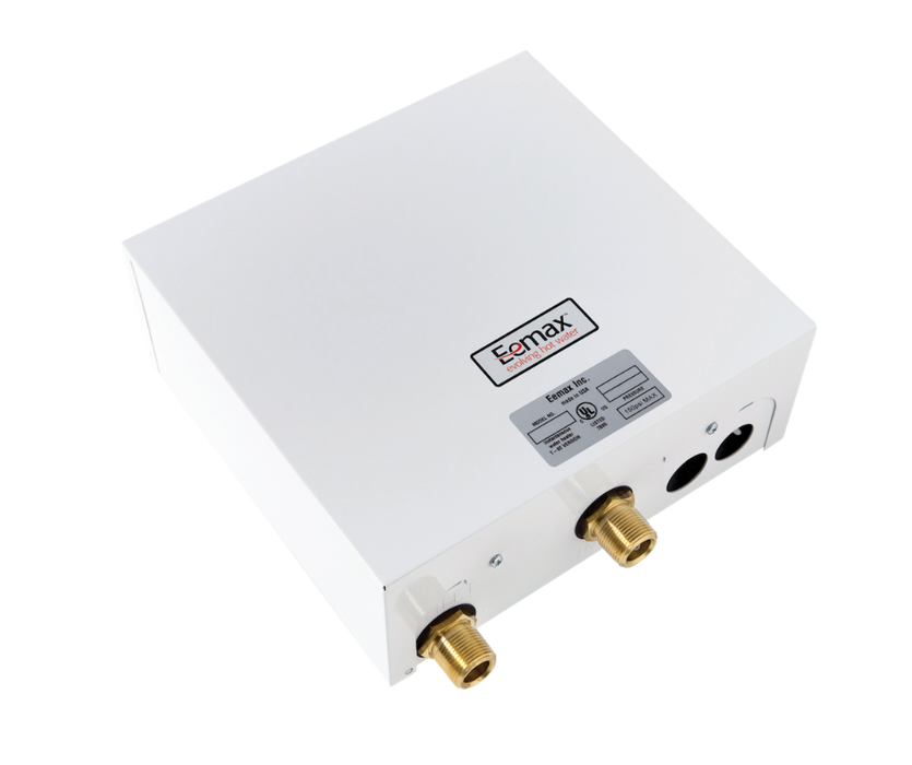 White electronic water heater with brass connectors on a white background