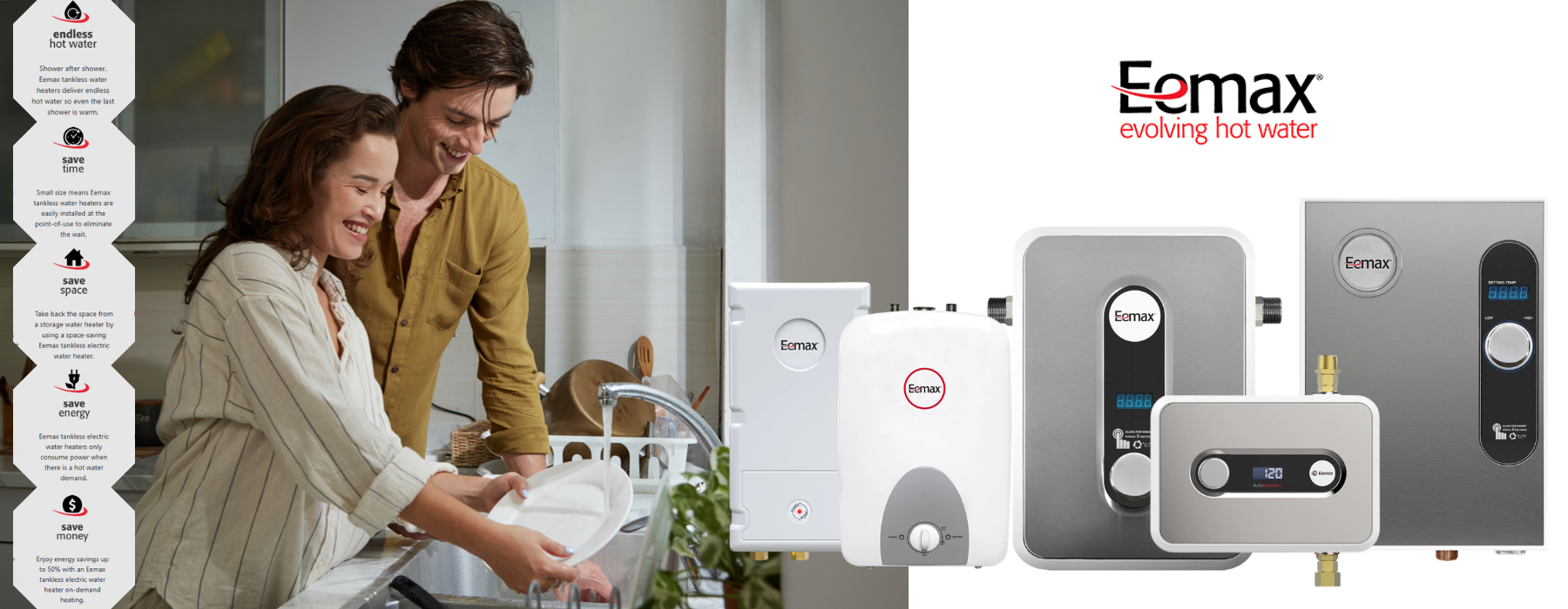 Couple in a kitchen with Eemax water heaters displayed on the right.