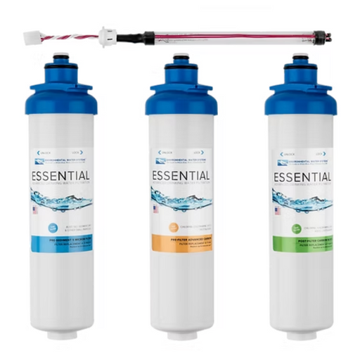 Three 'Essential' brand water filters and UV Light with labels on a white background