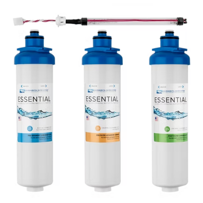 Three 'Essential' brand water filters and UV Light with labels on a white background