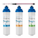 Three 'Essential' brand water filters and UV Light with labels on a white background