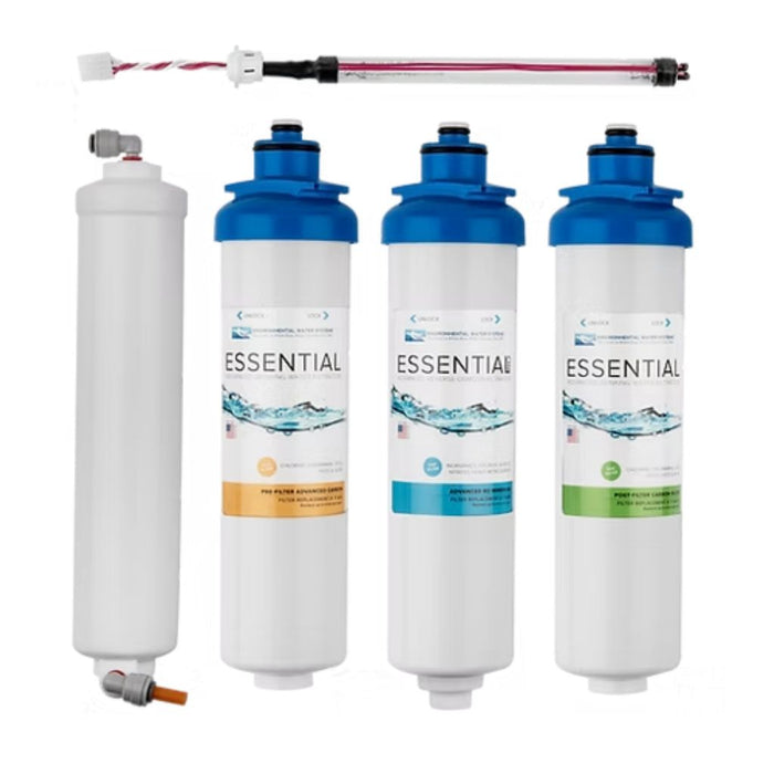 Three 'Essential' brand water filters and UV light on a white background