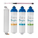 Three 'Essential' brand water filters and UV light on a white background