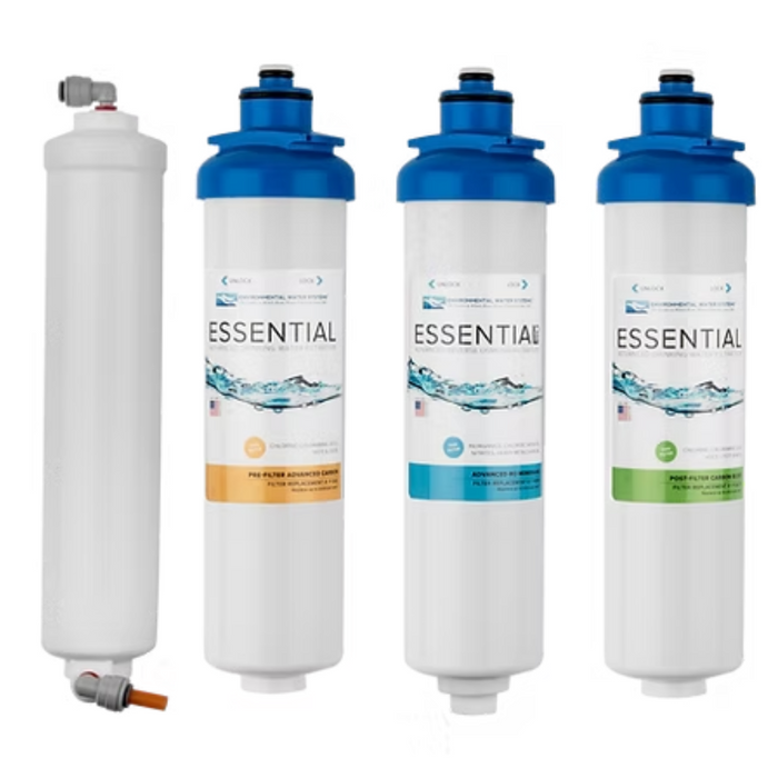 Three 'Essential' brand water filters on a white background