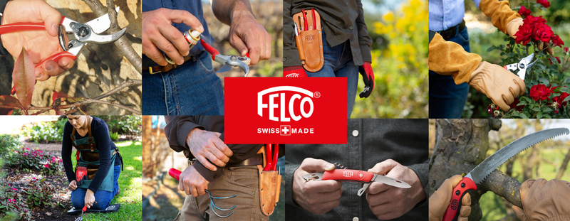 Collage of people using Felco gardening tools with the Felco logo in the center.