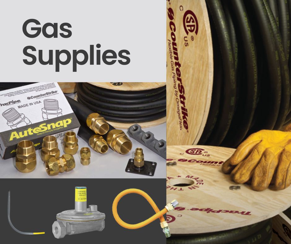 Collage of gas supplies including hoses, connectors, and a coiled hose with gloves on a wooden reel.