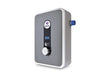 A compact wall-mounted electric water heater by Eumoax, featuring a gray front panel with a digital display, a white rotary dial, and a blue side connector, shown on a plain white background.